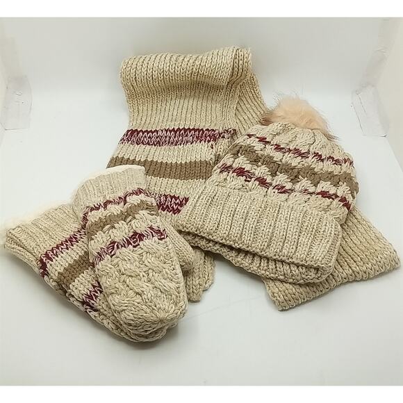 Winter Knitted Beanie Hat, Scarf & Fleece Loined Mittens Set Unisex - Picture 1 of 6
